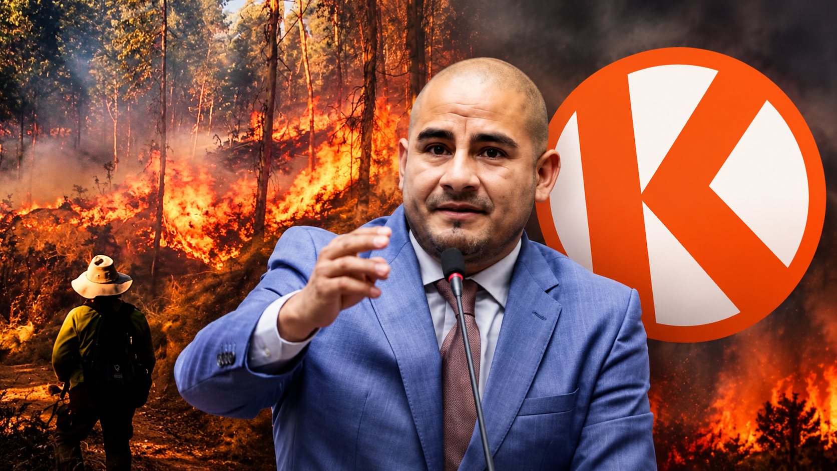 Arturo Alegría, diputado de Fuerza Popular, entre un bosque en llamas y el logo de su partido.