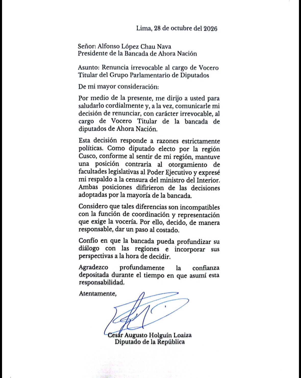 Carta de renuncia de César Holguín a la vocería de la bancada de diputados de Ahora Nación, fechada el 28 de octubre de 2026