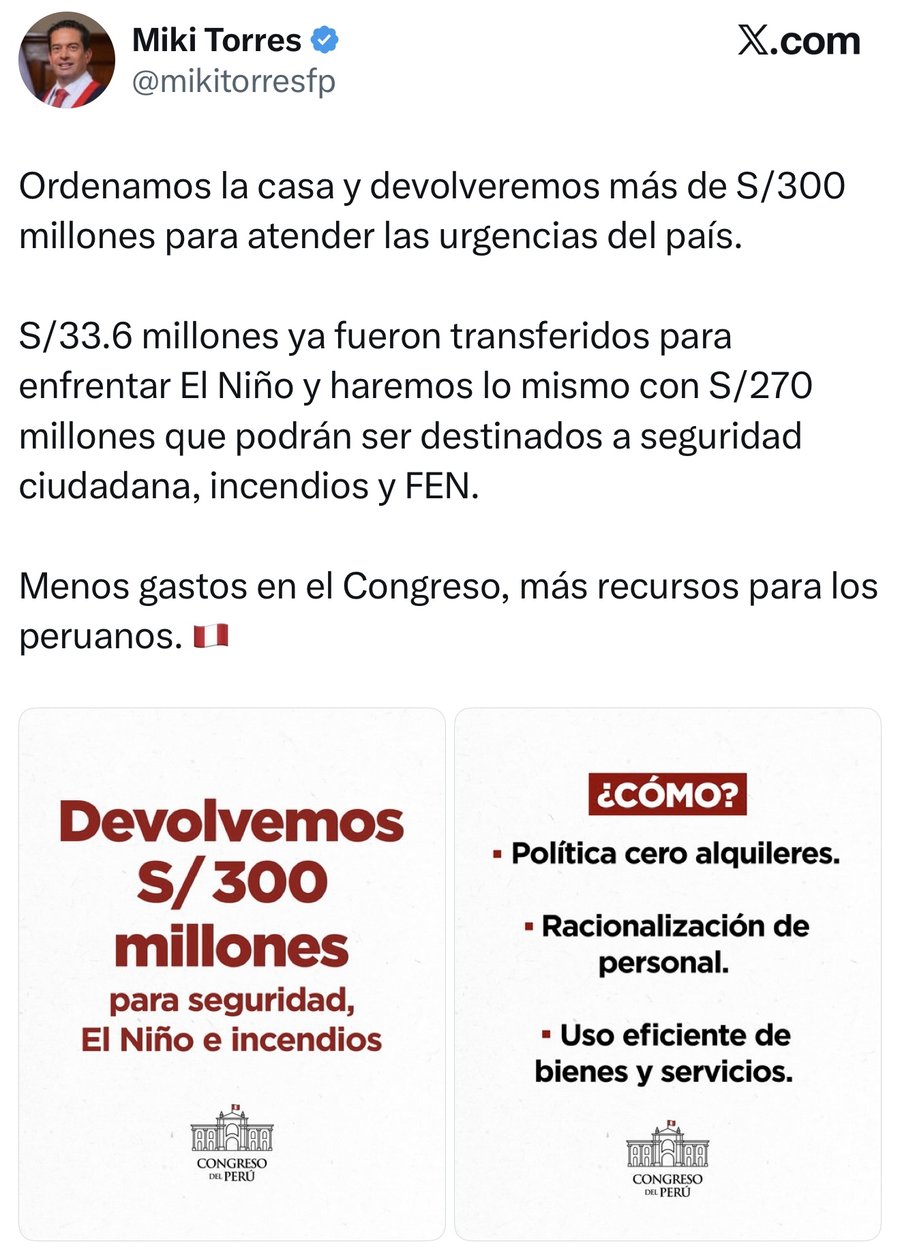 El tuit de Miki Torres anunciando la devolución de 300 millones de soles