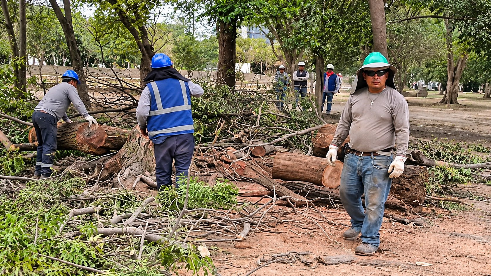 Trabajadores con casco junto a troncos recién cortados y ramas con hojas verdes en el suelo del parque