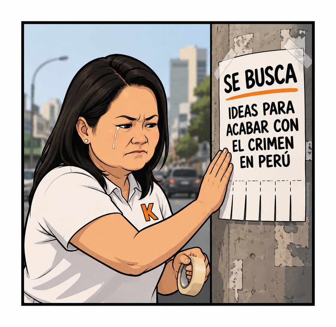 Keiko Fujimori, con una lágrima, pega en un poste un cartel que dice «Se busca ideas para acabar con el crimen en Perú».
